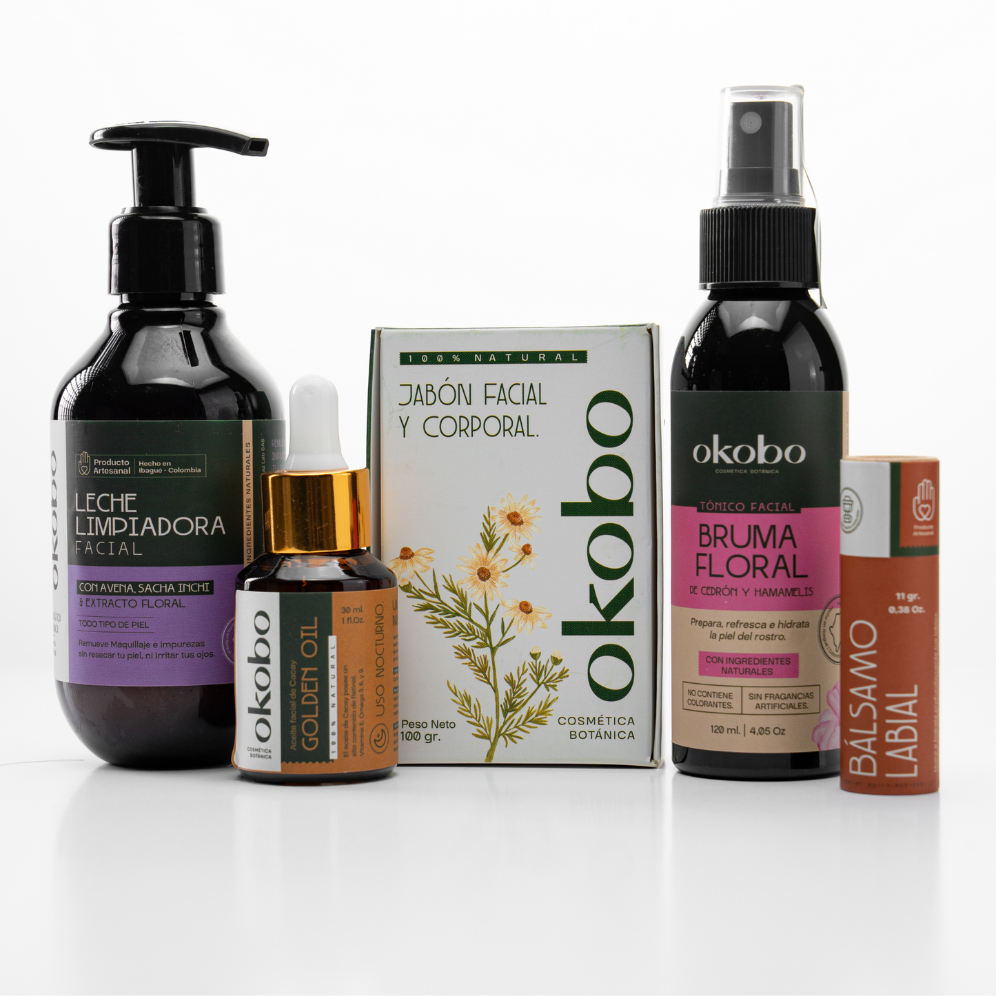 KIT RUTINA NOCHE - PIEL SECA: Leche limpiadora, jabón facial, Bruma facial, Aceite de Cacay y Balsamo labial.