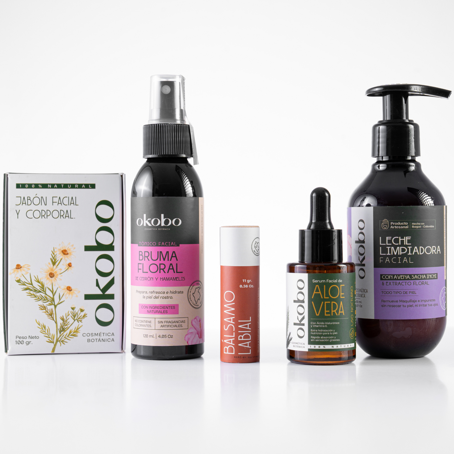 KIT RUTINA NOCHE - PIEL GRASA Y MIXTA: Leche limpiadora, jabón facial, Bruma facial, Serum de Aloe Vera y Balsamo labial.