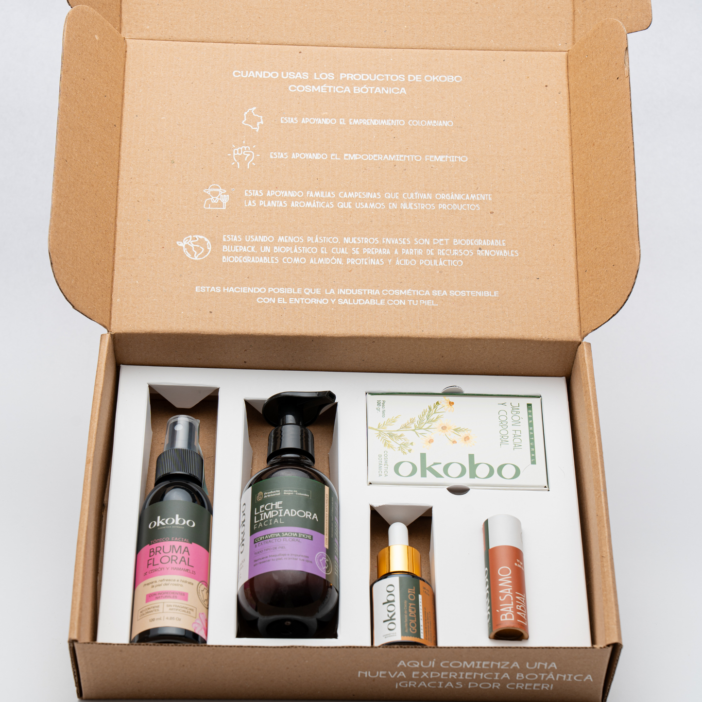 KIT RUTINA P.M. PIEL SECA: Leche limpiadora, jabón facial, Bruma facial, Aceite de Cacay y Balsamo labial.
